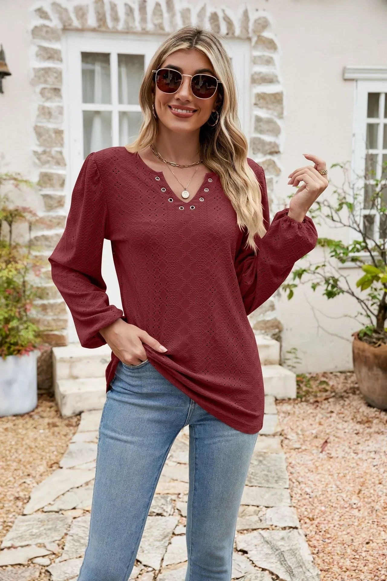 Eyelet Notched Neck Balloon Sleeve Blouse - VILLA FASHION